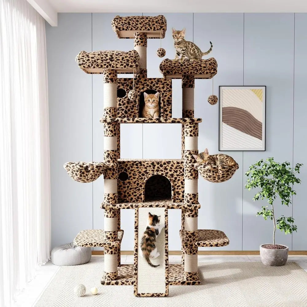 XXL Tall Cat Tower with Leopard Print - Multi-Level Climbing Tree and Condo