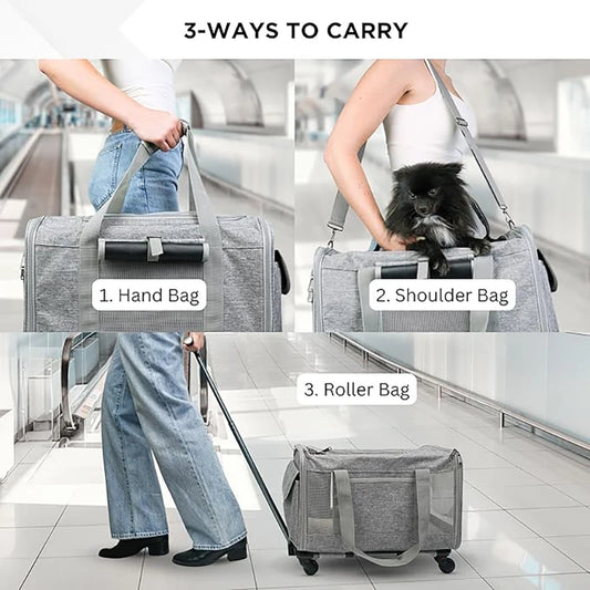 Pet Carrier with Wheels for Dogs Up To 15lbs & Cat  Airline Approved Dog Carrier Rolling Pet Carrier Foldable Pet Stroller