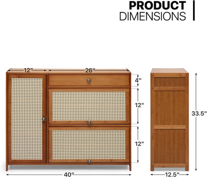 Rattan Shoe Cabinet Double Layer Shoe Shelf Boho Vibe Storage Cabinet with Doors Freestanding