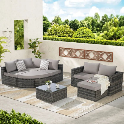 8 Piece Outdoor Patio Sofa Set Sectional L Shaped Patio Furniture Wicker Patio Conversation Set with Curved Sofa man Glass Top