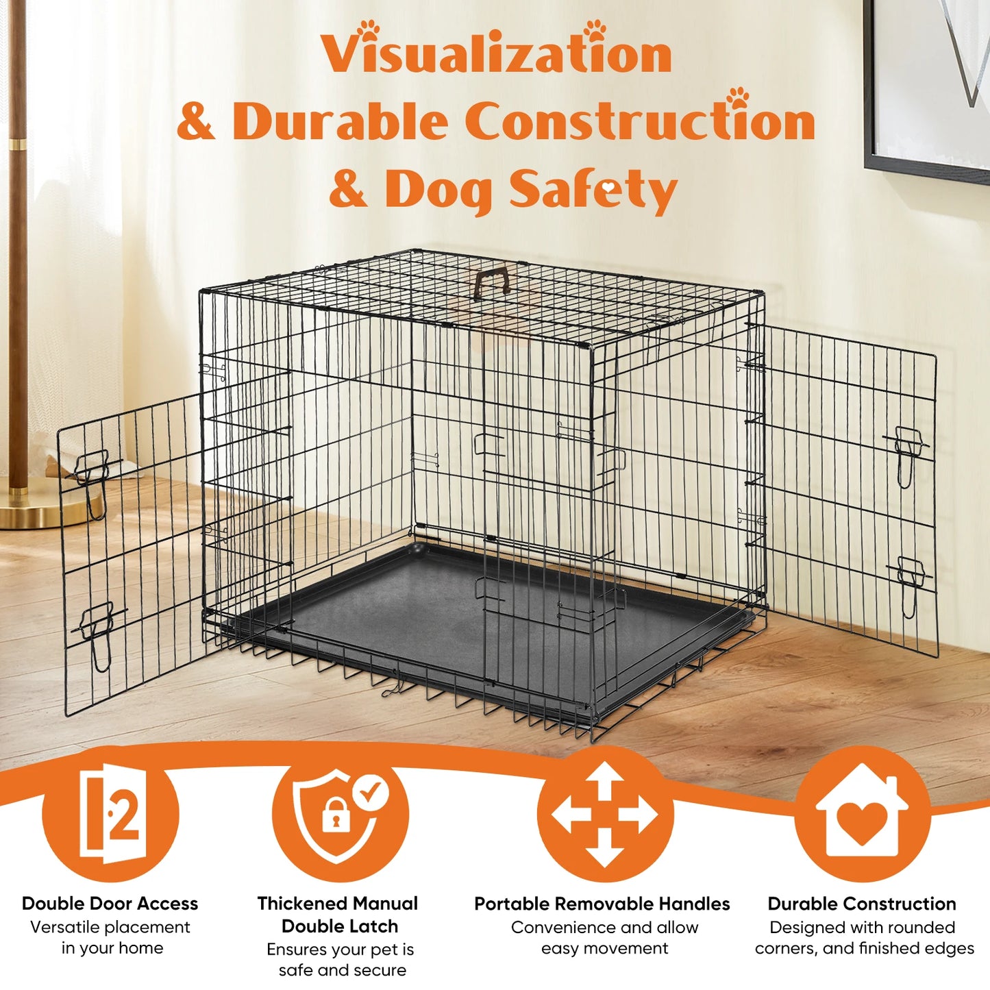 Double Door Folding Metal Wire Dog Cage with Plastic Leak-Proof Pan Tray Extra Large Pet Kennel for Indoor Outdoor Travel