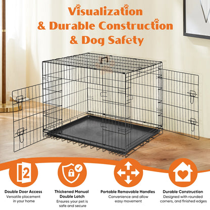 Double Door Folding Metal Wire Dog Cage with Plastic Leak-Proof Pan Tray Extra Large Pet Kennel for Indoor Outdoor Travel