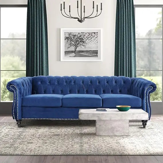 Modern 84 Velvet Chesterfield Sofa with Tufted Design, Scroll Arms, and Wooden Legs for Living Spaces (Blue)