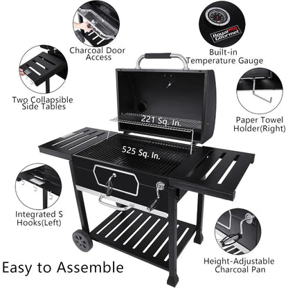 30-Inch Charcoal Grill, Deluxe BBQ Smoker Picnic Camping Patio Backyard Cooking, Black, Large