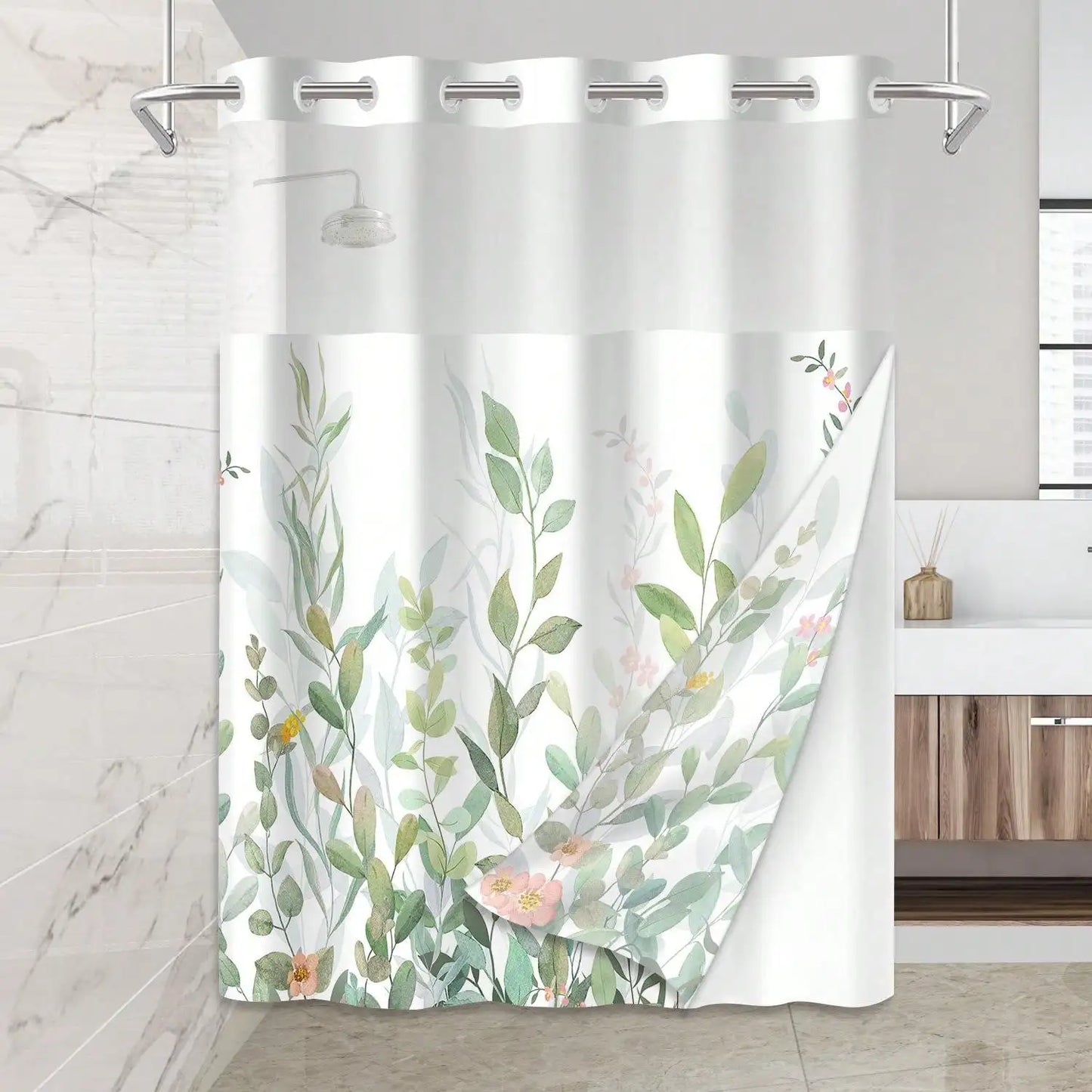 Plants Pattern No Hook Waterproof Shower Curtain, Removable