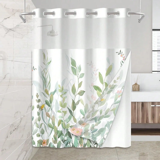 Plants Pattern No Hook Waterproof Shower Curtain, Removable