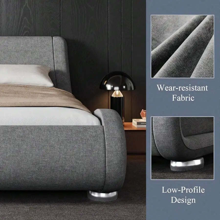 Full/QueenKing Size Bed Frame With Ergonomic & Adjustable Headboard, Low Profile Modern Upholstered Platform Sleigh Design - Easy Assembly, No Box Spring Required, Grey