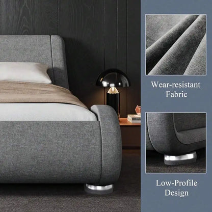 Full/QueenKing Size Bed Frame With Ergonomic & Adjustable Headboard, Low Profile Modern Upholstered Platform Sleigh Design - Easy Assembly, No Box Spring Required, Grey