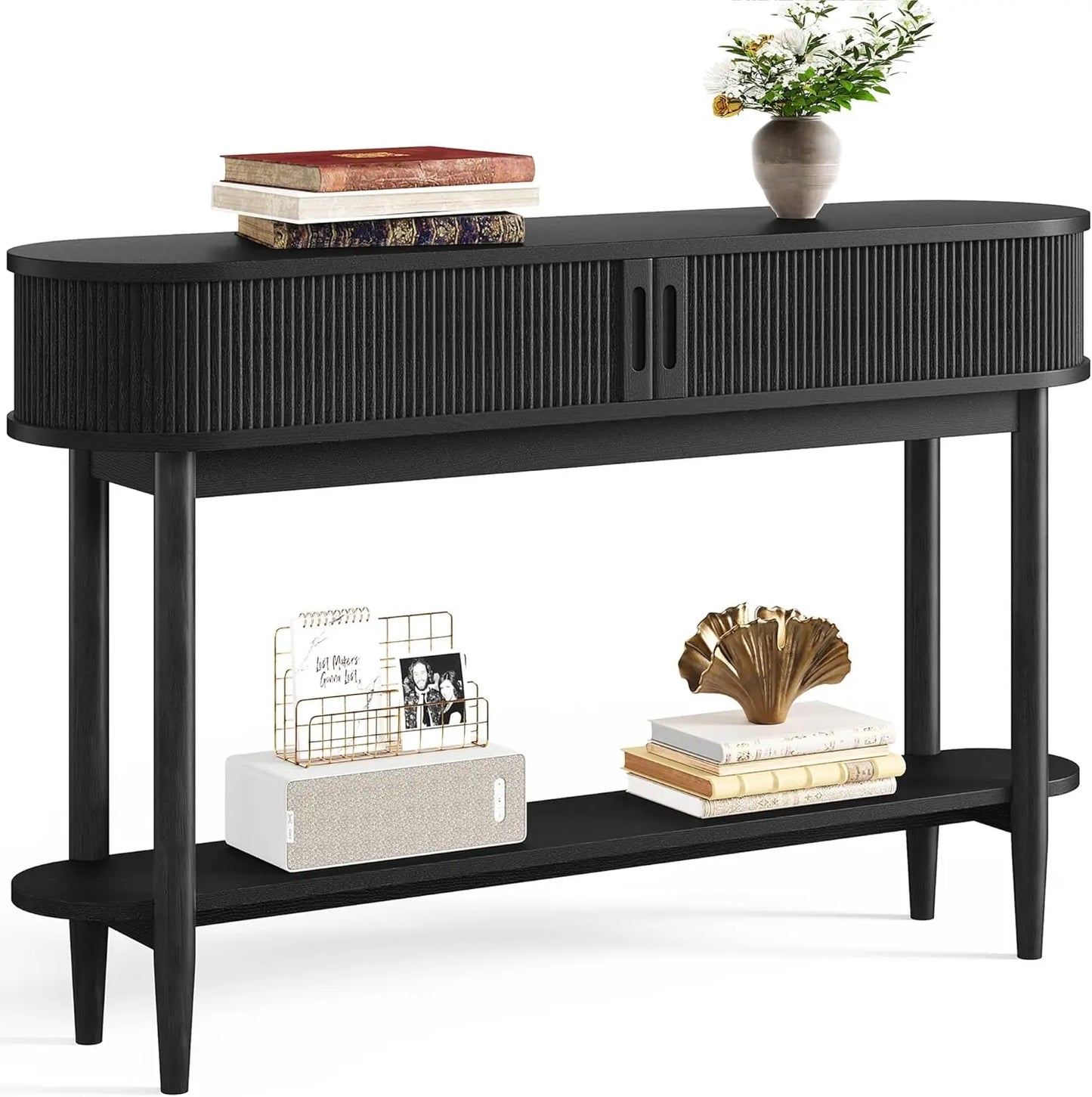 Fluted Console Table with Storage, Entryway Table Wood Entrance Tables for Front Door, Behind Couch Sofa Table with Shelves