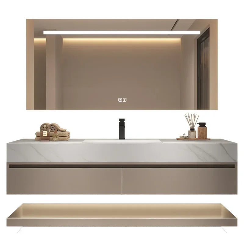 Modern Floating Vanity Bathroom Slate Integrated Basin Wall Mounted Bathroom Storage Cabinet Single Set Bathroom Vanity Sink Set