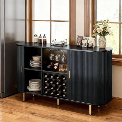 55-Inch Modern Wine Bar Cabinet with Storage, LED Lights, USB Ports & Adjustable Shelves for Living Room