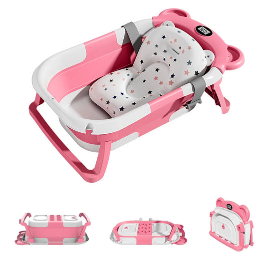 Portable Travel Bathtub, Collapsible Baby Bathtub, with Thermometer &1Soft Floating Cushion, with Drain Hole,For Baby 0-36 Month