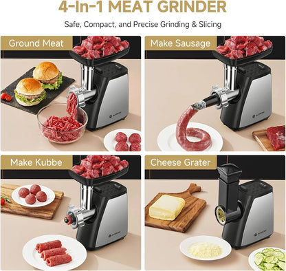 Electric Meat Grinder, 4-in-1 with Sausage Stuffer and Blades, Stainless Steel for Home Kitchen