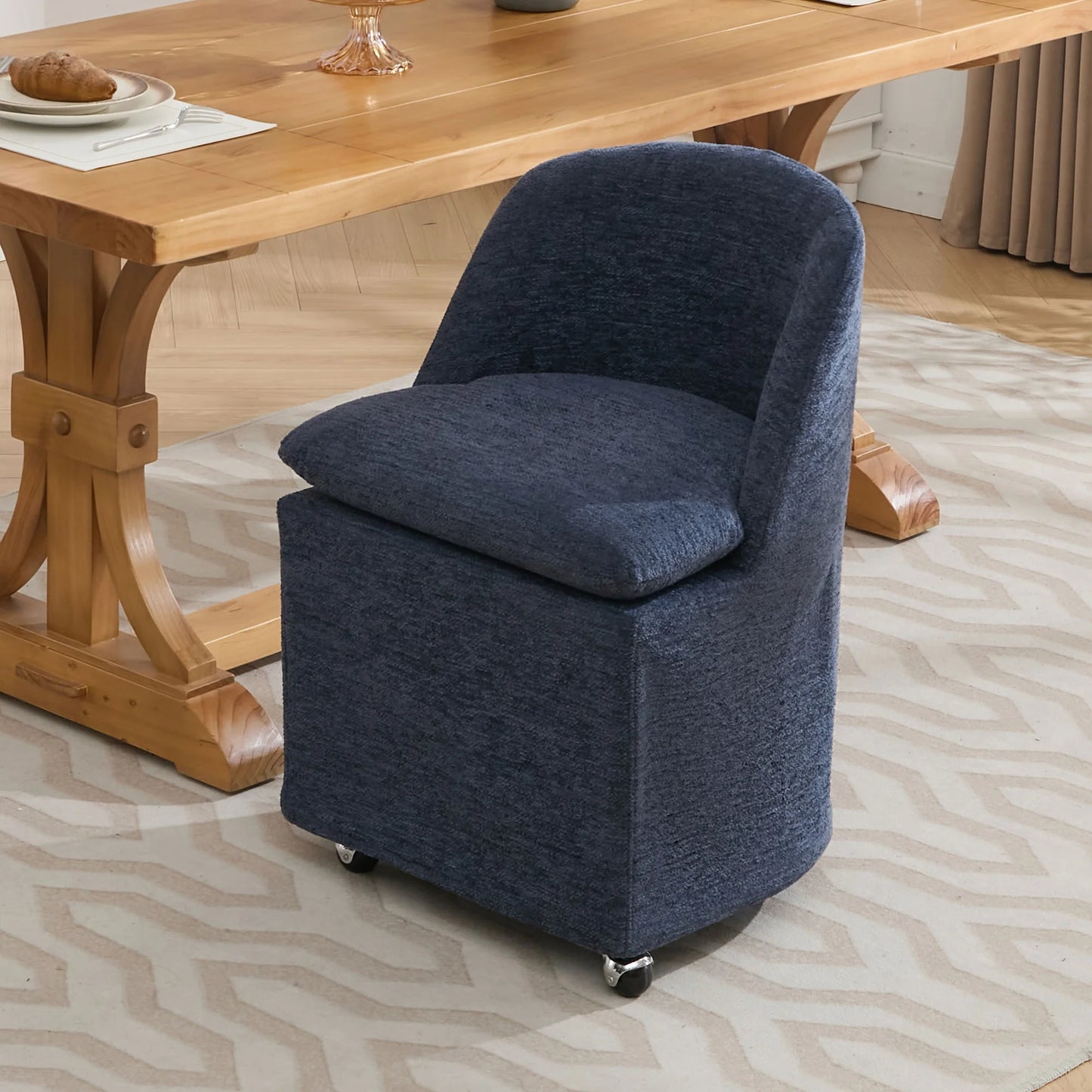 Set of 2 Chenille Fabric Dining Chairs With Universal Wheels