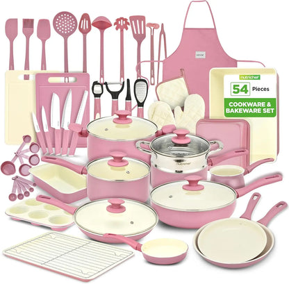 54-Piece Kitchen Cookware Set - Complete Non-Stick Ceramic Pots and Pans Set with Utensils, Bakeware, and Knife Set