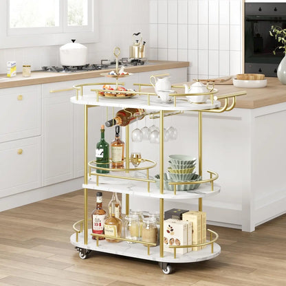 Gold Bar Carts with 4-Tiers Storage Shelves Mobile Bar Seving Carts On Wheels with Wine Rack and Glass Holder