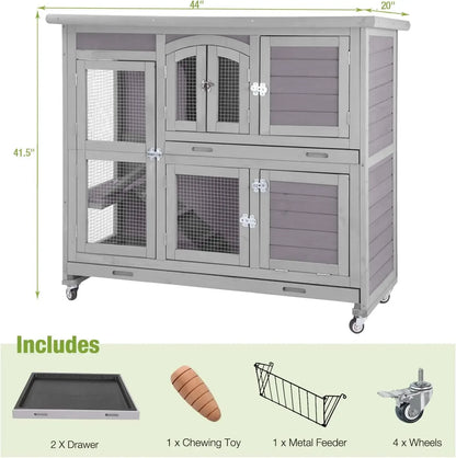 Rabbit Hutch Indoor Outdoor Bunny House Guinea Pig Cage on Wheel with Plastic Tray