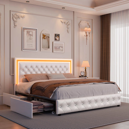 Queen LED Platform Bed Frame with 4 Storage, PU Leather, No Box Spring, Easy Assembly, 900lbs Capacity