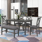 6-pc Dining Table Set Wooden Rectangular Dining Table, 4 Fabric Chairs and Bench Family Furniture (Gray)