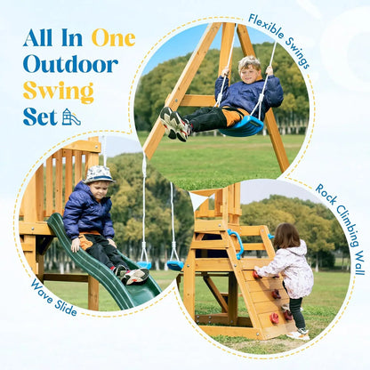Wooden Swing Set with Dual Swings Slide Rock Climbing Wall Chalkboard Telescope Fort for Backyard Fun for Kids