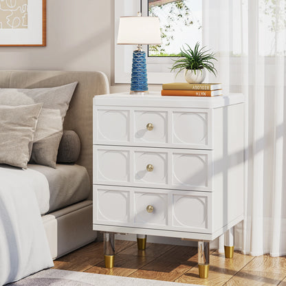 3-Drawer Nightstand Tall White and Gold Bedside Table with Drawers, Versatile Modern White Night Stand with Storage