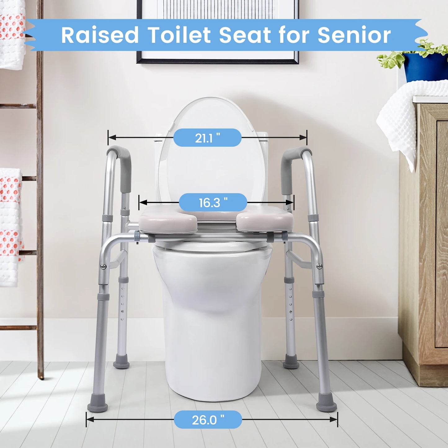 Raised Toilet Seat, 350LB Homecare Commode Bathroom Assist Frame for Elderly Handicapped Disabled Adjustable Height, Padded Seat