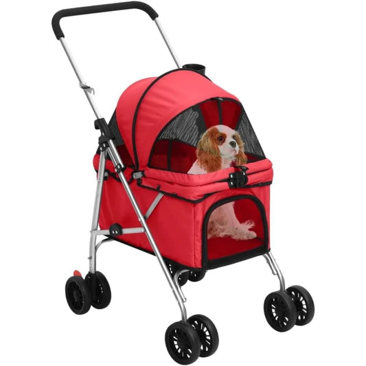 Folding Dog Stroller For Small To Medium Pets Red With UV Protection And Breathable Oxford Fabric