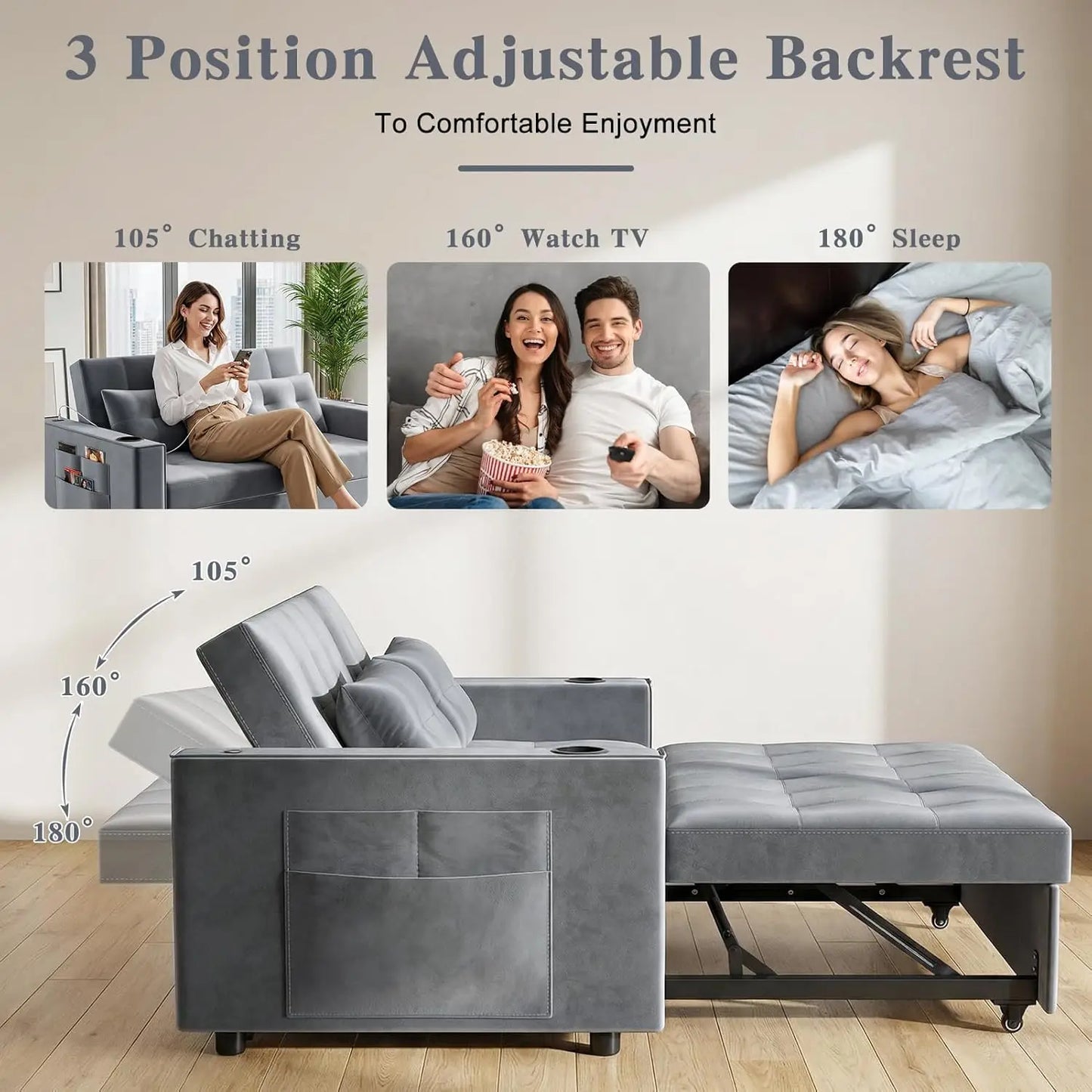 Pull Out Couch Bed, 3-in-1 Velvet Convertible Loveseat Sleeper Sofa for Small Space (Light Gray) | Adjustable, Customized