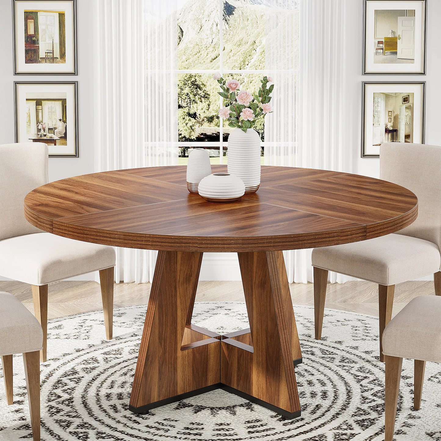 Round Dining Table for 4, 47 Inch Farmhouse Kitchen Table Small Dinner Table Kitchen Dinning Table for Dining Room