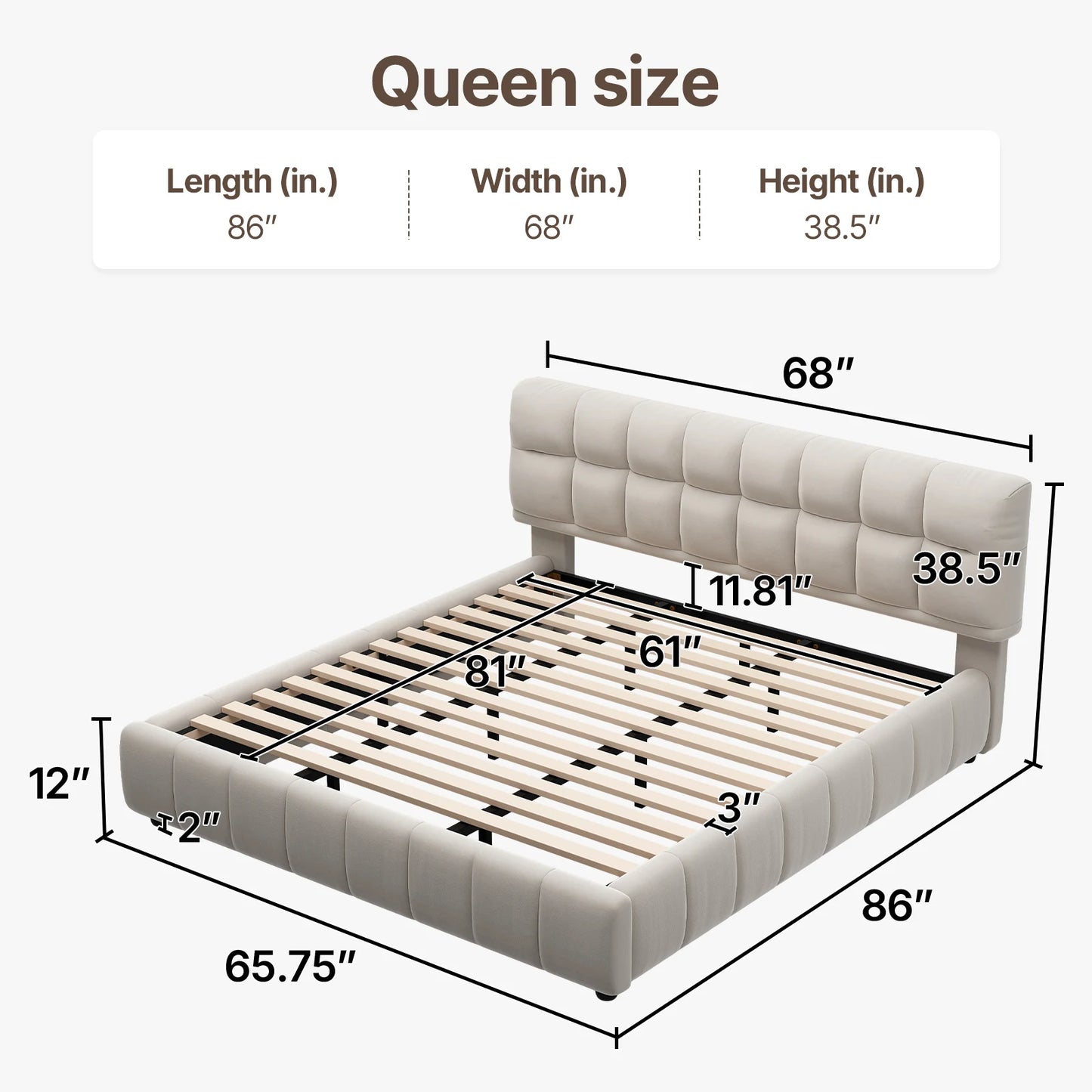Queen Size Modern Cloud Platform Bed with 38.5-inch High Extra-Thick Soft Headboard, Includes Footboard, Block Design, Cream Uph