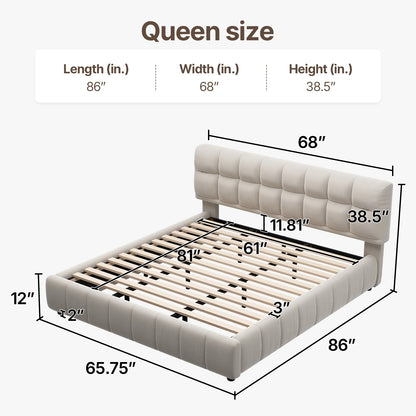 Queen Size Modern Cloud Platform Bed with 38.5-inch High Extra-Thick Soft Headboard, Includes Footboard, Block Design, Cream Uph
