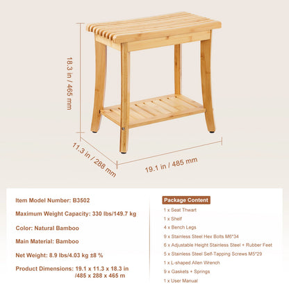 Bamboo Shower Bench 19.1x11.3x18.3 in Waterproof Shower Stool Chair with Storage Shelf 330lbs Load Capacity Spa Seat