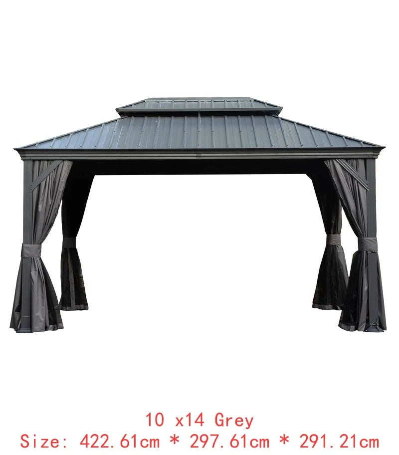 14x24 Hardtop Gazebo, Upgraded Metal Canopy with Drainage, Dual-Layer Galvanized Steel Roof, Includes Curtains & Netting,