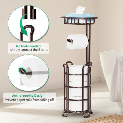 Upgraded metal freestanding toilet paper holder with 4 raised feet and integrated storage shelf for bathroom organization