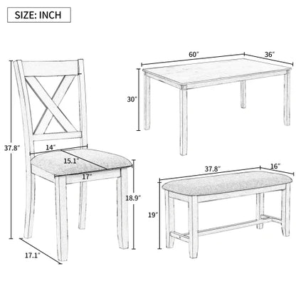 6-pc Dining Table Set Wooden Rectangular Dining Table, 4 Fabric Chairs and Bench Family Furniture (Gray)