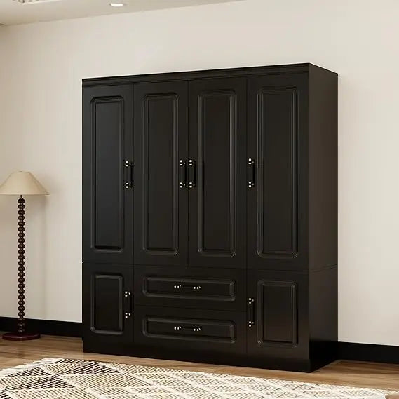 Wooden Armoire Wardrobe Closet：Large Wardrobe Closet with 4 Doors, 3 Drawers for Tall Cabinet, Wardrobe Cabinet for Bedroom with