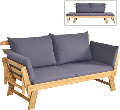 Convertible Acacia Wood Patio Couch Sofa Bed with Adjustable Armrest, Outdoor Daybed with Cushion & Pillows, Outside Folding Fu