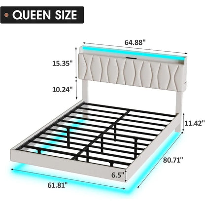 Queen Size Floating Bed Frame with Storage Headboard, Queen Bed Frame with LED Lights, Charging Station, Upholstered Pla