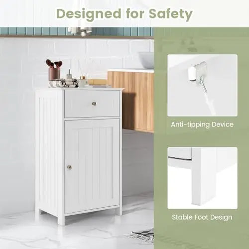 Small Bathroom Cabinet for Small Spaces, Free-Standing Single Door Storage with Adjustable Shelf, Anti-Tipping Device
