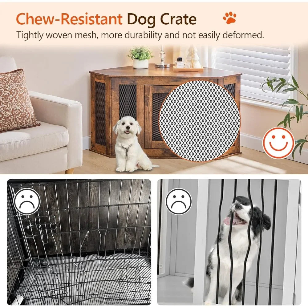 Corner Dog Crate Furniture, Wooden Dogs Kennel End Table, Decorative Pet Crate Indoor Use, Furniture Style Dogs House