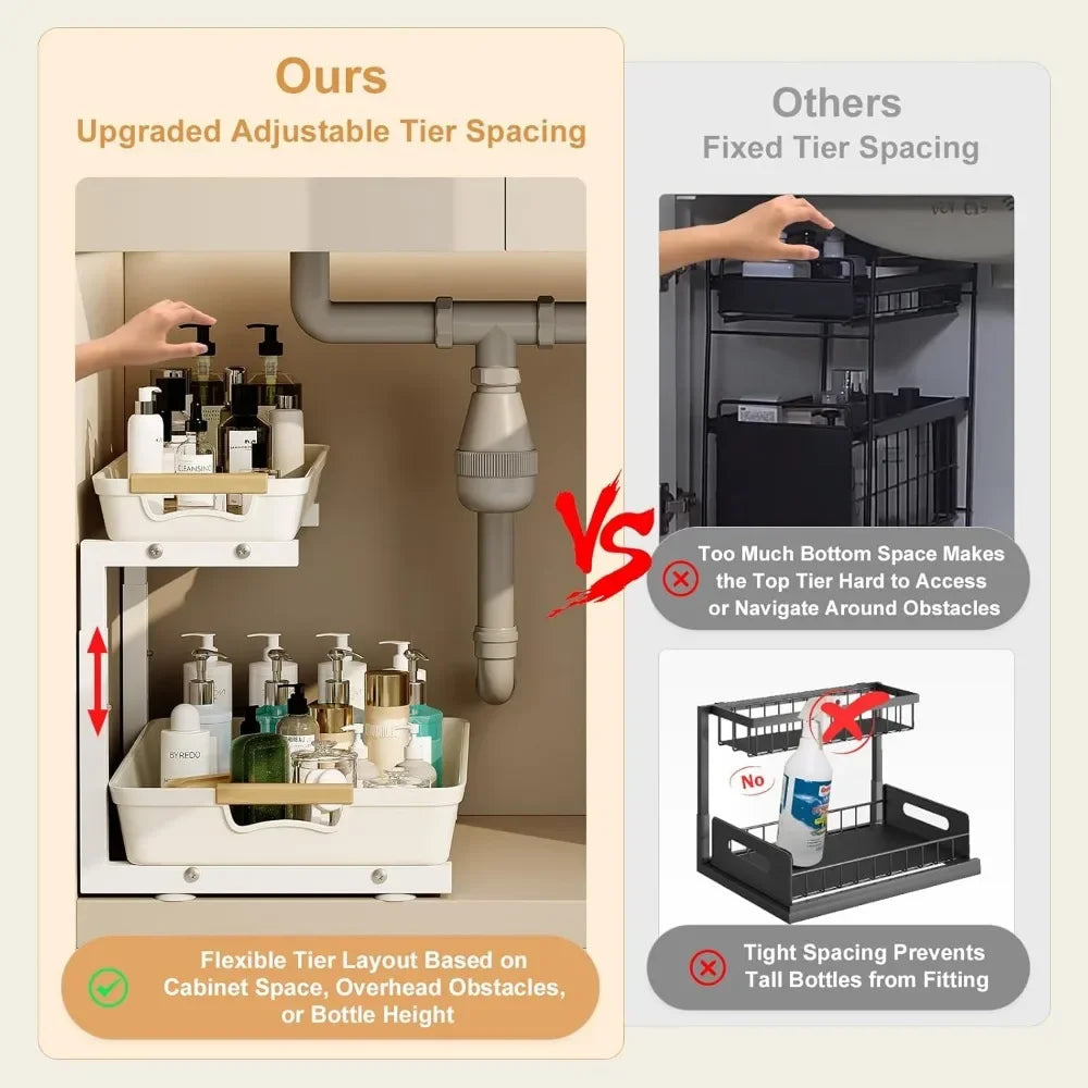 4 Pack Under Sink Pull Out Organizer,2 Tier, Adjustable Under Kitchen Sink  and bath kitchenOrganizer And Storage