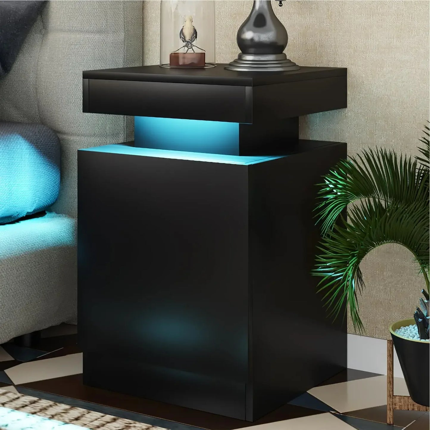 Nightstand Set of 2 with LED Lights,Night Stand with Storage Cabinet for Bedroom,Bedside Table with LED, Black