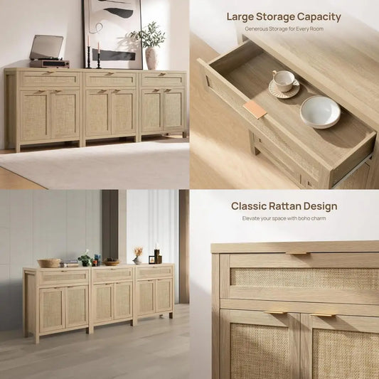 Rattan 3-Piece Buffet Cabinet Set with Doors and Drawers for Bohemian Style Dining