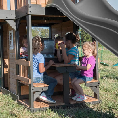 Cedar Wood Swing Set with Wave Slide, Clubhouse, Play Kitchen, Picnic Area, Belt Swings, Web Swing, Rock Wall,