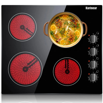 4 Burners Electric Cooktop, 24 Inch Built-in, 220-240v, 6000W, Knob Control, Residual Heat Indicator,Hard Wire(No Plug)