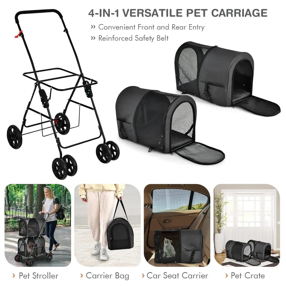 Double Pet Stroller with 2 Detachable Carrier Bags, Safety Belt, 4 Lockable Wheels, Folding Cat & Dog Stroller for Small Medium