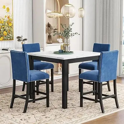 Modern Counter Height Dining Table Set for 4, Faux Marble Top Square Dining Table with 4 Velvet Upholstered Chairs, 5 Piece Coun