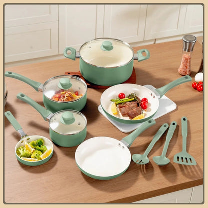 Ceramic aluminum 12-piece non-stick cookware set, meets a variety of cooking needs, suitable for a warm kitchen gift
