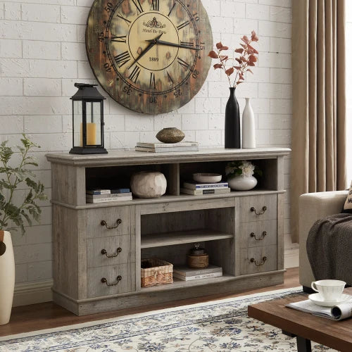 Traditional TV Media Stand Console for TV Up to 65" with Open and Closed Storage Space, Light Gray, 60"W*15.75"D*34.25"H  ﻿