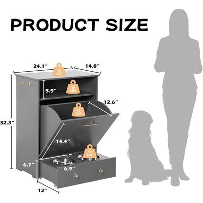 Pet Feeder Station Storage Cabinet with Removable Bowls Hanger Dog Supplies Durable MDF Design Easy Assembly